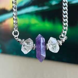 Genuine herkimer diamonds crystals & amethyst gem stainless steel boho necklace